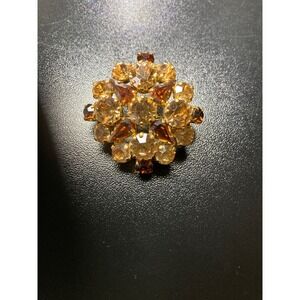 Vintage Austria‎ Amber Topaz Rhinestone Brooch Pin Gold Tone Signed Crystal